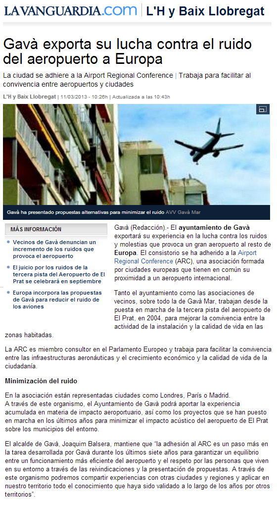 Noticia publicada en La Vanguardia digital sobre la adhesi�n del Ayuntamiento de Gav� a la asociaci�n ARC (11 de Marzo de 2013)
